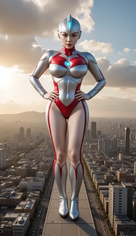 "Create a realistic half-body 2K image of a stunning Korean woman with a flawless hourglass figure, long legs, and radiant white skin. She is wearing a sleek Ultraman costume, perfectly fitted to emphasize her curvaceous body and huge breasts. The costume ...