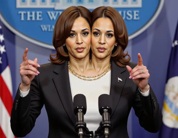 realistic face two headed Kamala Harris in business suit, us president, very fit, two heads, conjoined, white polo shirt, round, inaugural address , us flag pin on blazer, red fingernails, red lips, wavy hair, necklace, large shoulders