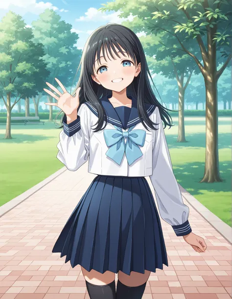 masterpiece, best quality, solo, 1girl, 1girl, komichiakebi, komichi akebi, black hair, long hair, blue eyes. The top is a white long sleeves sailor uniform with blue sailor collar and cyan bowtie. For the skirt, pair it with a blue pleated skirt for a cut...