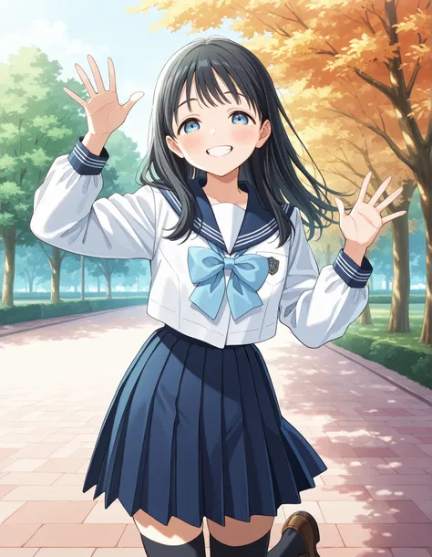 masterpiece, best quality, solo, 1girl, 1girl, komichiakebi, komichi akebi, black hair, long hair, blue eyes. The top is a white long sleeves sailor uniform with blue sailor collar and cyan bowtie. For the skirt, pair it with a blue pleated skirt for a cut...