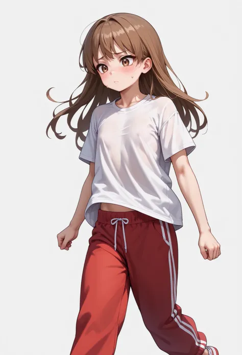 source_anime ,score_9, score_8_ up, score_7, ((White background)) ((Russian woman)) ((1girl)) (solo girl) ,30 years old, rathing_questionable (White oversized t-shirt:1.4) (Red sweatpants:1.2), brown eyes , (brown Long hair) , straight hair , ((small brea...