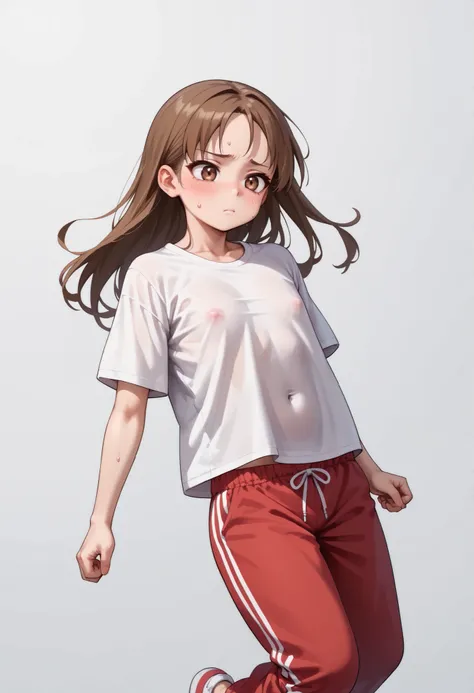 source_anime ,score_9, score_8_ up, score_7, ((White background)) ((Russian woman)) ((1girl)) (solo girl) ,30 years old, rathing_questionable (White oversized t-shirt:1.4) (Red sweatpants:1.2), brown eyes , (brown Long hair) , straight hair , ((small brea...