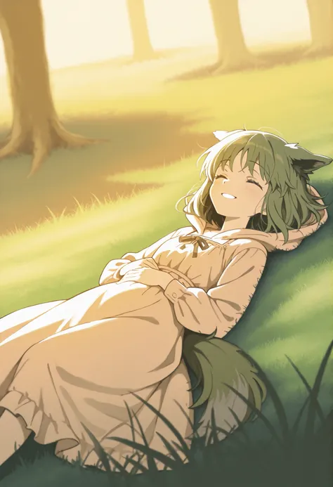 soft lighting, warm color palette, natural background, anime style, highly detailed, emotional moment, best friends, hood memories, A heartwarming scene in a garden where a young girl with green hair is gently petting the belly of a Collie dog lying on its...