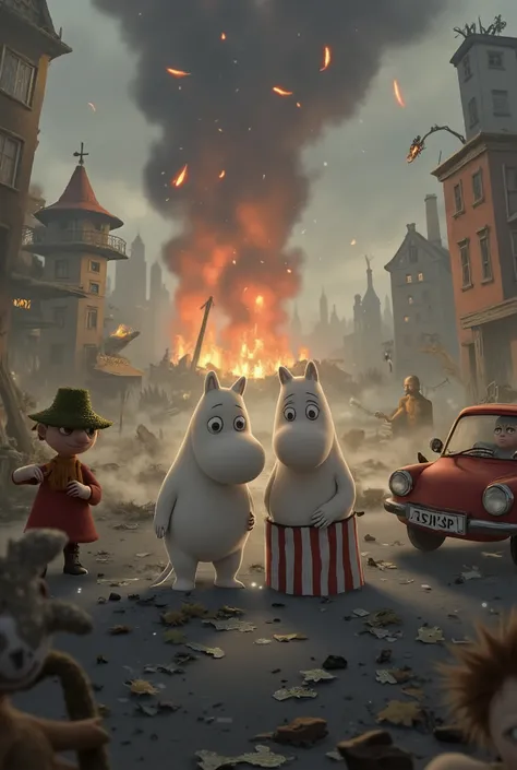 Moomin World Moominvalley residents, Snufkin, and Little Me are in a ruined townscape、Broken buildings and cars、Place々Black ash plumes and flames are rising to、