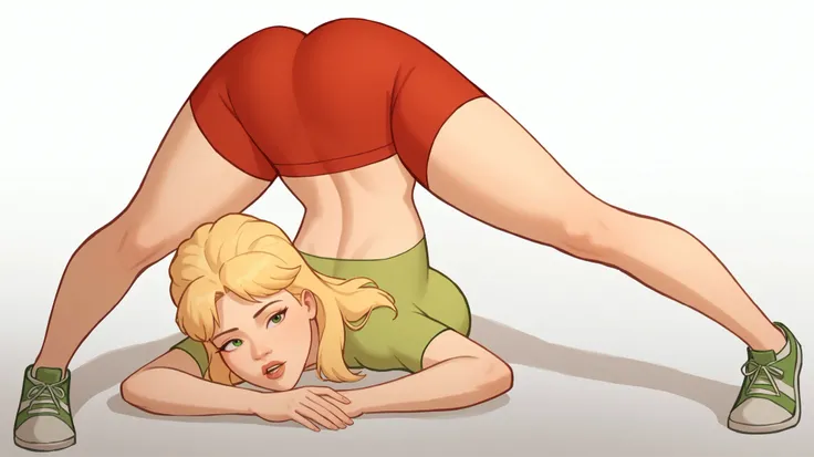 score_9,score_8_up,score_7_up,1girl, :o, absurdres, , large breasts, commentary_request, blonde hair, highres, jack-o'_challenge, korean_commentary, soft body, legs, long_hair, meme, parted_lips, small green top, midriff,  micro red shorts, luanne platter ...