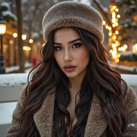 A female with dark hair and perfect dark eyes, wearing a fur coat and a fur hat, seductive, perfect subtle makeup, snowing, christmas lights, wet gouche, winter