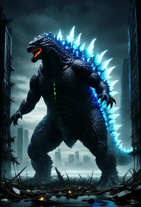  ruined city（debris）Godzilla-like monster nestled in、Glowing Dorsal Fins 