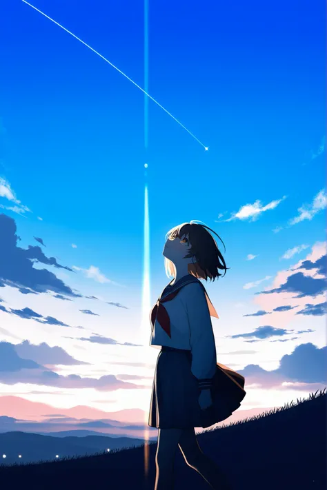 Person stops walking, looking up at the sky, a soft light starts to shine through the clouds.