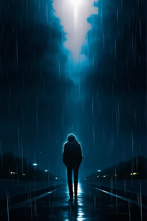 Dark sky, heavy rain, a person walking slowly with their head down (feeling lost). Soft lighting.