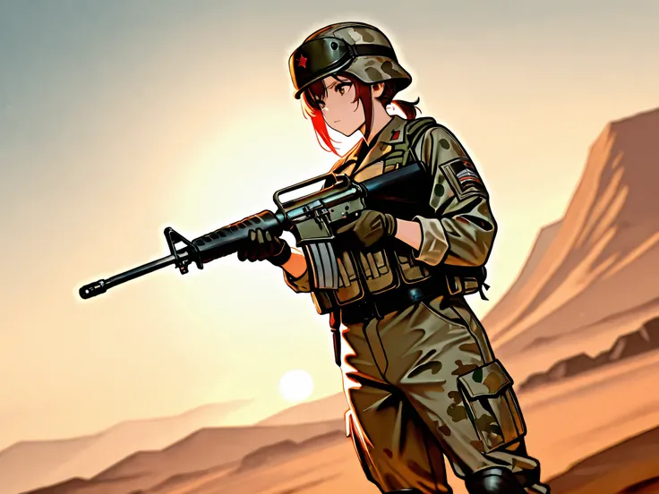 masterpiece,best quality,amazing quality, absurdres. Under the blazing sun of a vast desert firing range at Fort Bragg, a squad of U.S. Army soldiers stands at the ready, their gazes fixed with unwavering determination. Clad in camouflaged uniforms, they g...