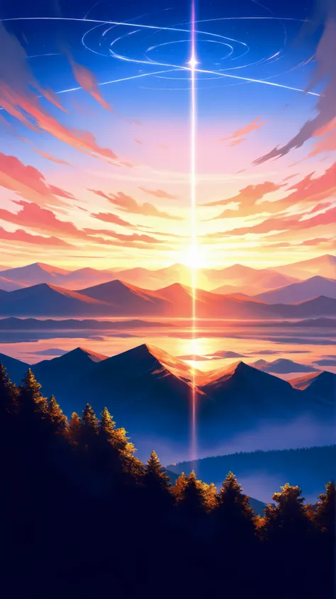 A wide shot of beautiful nature: a sunrise or mountain scene, representing hope and new beginnings. Music builds up.