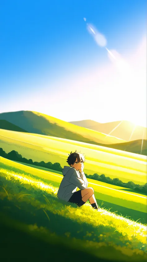 The person now stands on top of a hill or in an open field, looking at the horizon, with a peaceful expression. Sunlight gently hits their face.