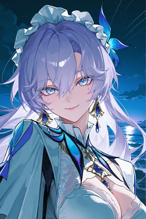 Персонаж Cantarella из wuthering waves, long lavender hair fluttering in the wind , long-haired, very big eyes, with her eyes , surprisingly wide patterns, blue eyes , Glass retina,  the white clothes of the Cantarella character from the game wuthering wav...