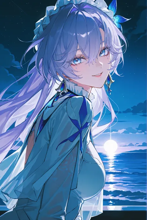 Персонаж Cantarella из wuthering waves, long lavender hair fluttering in the wind , long-haired, very big eyes, with her eyes , surprisingly wide patterns, blue eyes , Glass retina,  the white clothes of the Cantarella character from the game wuthering wav...