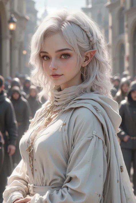 beautiful birch hair、short hair，Ivory Eyes、 clear eyes ，dark fantasy、Sacred、pointed ears、BIOLOGICALLY CORRECT、smile、medieval white robe，cloak，I'm showing off my legs 、fine skin、long hair、light、reflection、beautiful legs ,  great detail of body and face in a...