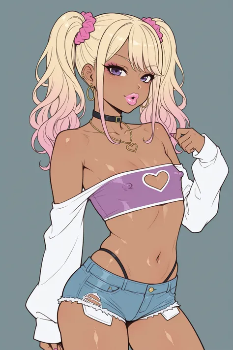 master piece, high quality, 4k uhd,kuro gyaru, tan skin, looking at viewer, bimbo lips, flat colours, flat chest, off shoulder long sleeve tube top, nipple bulge, short shorts,