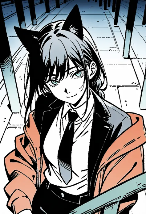 1 girl with cat ears, hand \(Chainsaw Man\), Chainsaw Man, black jacket, Black Necktie, Black Pants, braid, business Set, nail, formal, hand托腮,  wearing a jacket , light Smile, long sleeve, watching the audience, lookin, medium ,  working woman , Smile, al...