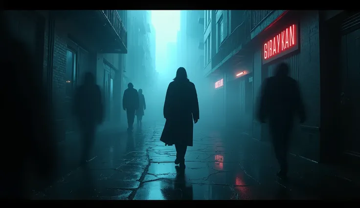 A dark, atmospheric music video featuring a lone figure awakening in a shadowed, surreal environment. The setting is a mist-covered, abandoned cityscape with flickering neon signs casting eerie reflections. The figure wanders through shifting corridors, lo...