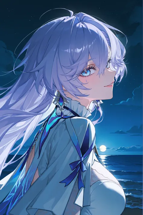 Персонаж Cantarella из wuthering waves, long lavender hair fluttering in the wind , long-haired, very big eyes, with her eyes , surprisingly wide patterns, blue eyes , Glass retina,  the white clothes of the Cantarella character from the game wuthering wav...