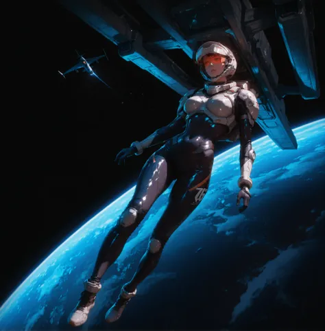 Anime style, hyper-detailed, absurdres, very aesthetic, realistic 3d artstyle, 96YOTTEA style, dark, industrial aircraft hangar background, futuristic aesthetic, in space, black sky with distant stars, zero gravity, weightless, floating, a single mecha pil...
