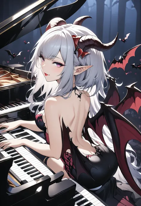 Devil's Female Pianist、goat horn on head 、It's a succubus with bat wings on its back 、Play a grand piano