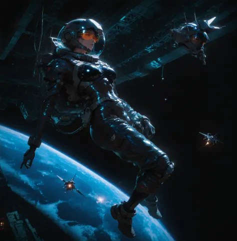 Anime style, hyper-detailed, absurdres, very aesthetic, realistic 3d artstyle, 96YOTTEA style, dark, industrial space-station background, futuristic aesthetic, in space, black sky with distant stars, zero gravity, weightless, floating, a single mecha pilot...