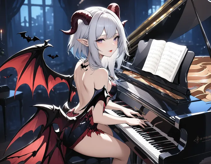 Devil's Female Pianist、goat horn on head 、It's a succubus with bat wings on its back 、Play a grand piano