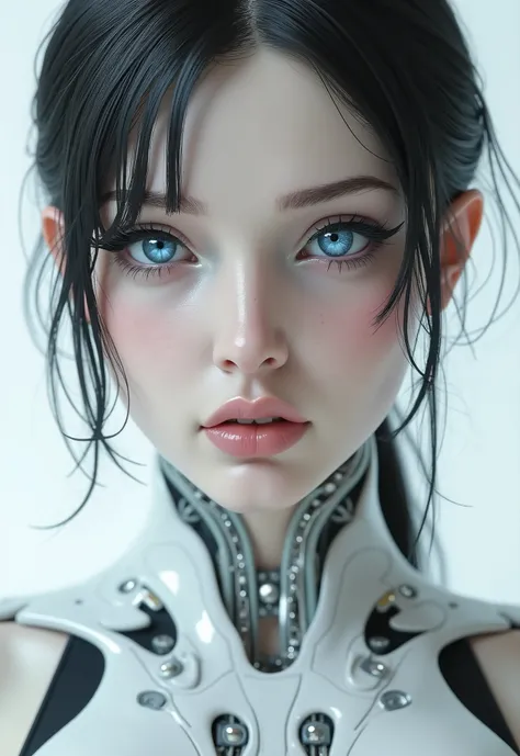 A symmetrical portrait, centered, 3d model, 3d render, cyborg girl, very close up