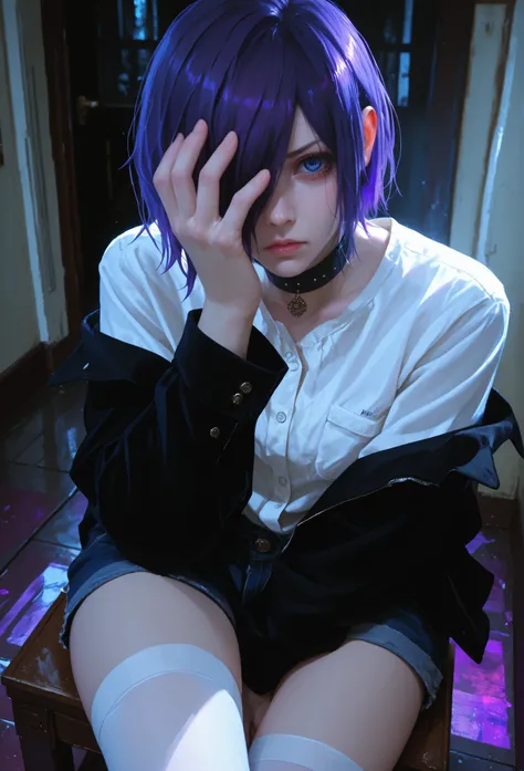 highly detailed, ultra-detailed, finely crafted features, Cinematic lighting,  photorealistic, Moody Atmosphere,  a young girl, ((short blue-purple hair covering left side of her face: covering one eye)), ((blue- purple eye)), calm face features, Beautiful...