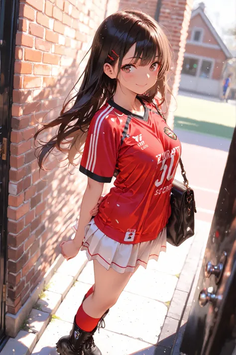 masterpiece,high score,great score,absurdres,year 2025,safe,1girl,perfect body,looking side,smile,white long tulle skirt,white zipup boots,red soccer jersey,oversized jersey,a luxury brand shoulder bag,stand against the brick wall,full_shot,front view,dyna...