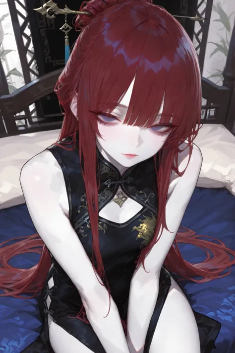 1 girl , proud face , is expressionless , dark red hair , Half-open eyes , navy blue eyes , rest (masterpiece , super fine illustration , very detailed , recent:1 . 3) , top quality , perfect face , fine eyes , Beautiful, detailed eyes , beautifully de...