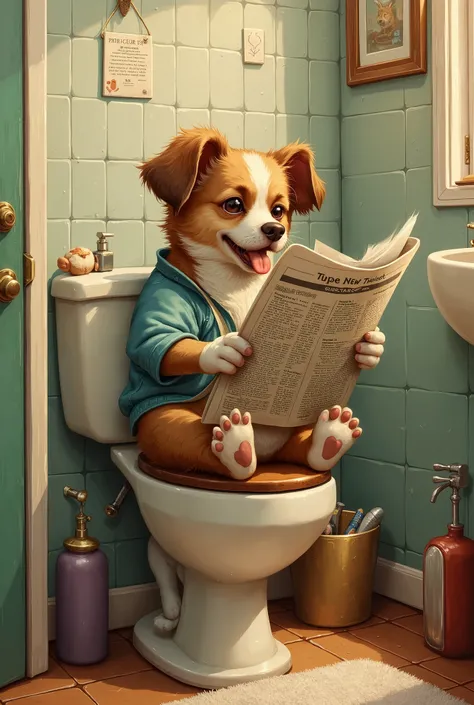 Dog Sitting on the Toilet Reading a Newspaper, Picture of a cute dog, super humorous oil painting of a cat playing the piano , very humorous oil painting, and I'm wearing sexy high school girl clothes with, descriptive art , Extremely High Quality Artwork...