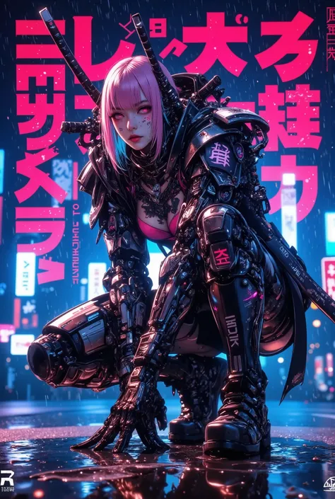 Motoko Kusanagi, cyberpunk, warrior, neon-tech armor,kanji symbols, samurai sword, standing in fighting stance pose, pink and blue hair, glitch, floating around, Tokyo night, neon, rain, dramatic, cinematic lighting, ultra-detailed face, highly detailed ...
