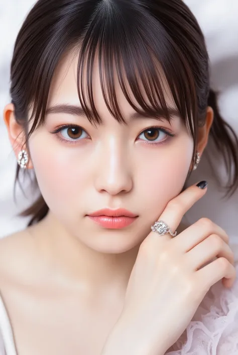Girl with a diamond Earring. (Masterpiece, top quality, best quality, official art, beautiful and aesthetic:1.2),(1girl:1.4),latex fire leotard bikini shiny satin leotard smile shy