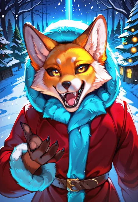  eastnik_anime, detailed background, Night, darkness, snow forest, Christmas trees, Village, Dark Road,  backlight pole, lighting, fluffy персонаж, anthropomorphic fox, orange fur, Alice_The_Vixen, One, looks at the viewer, open mouth, 1 boy,  glove belt, ...