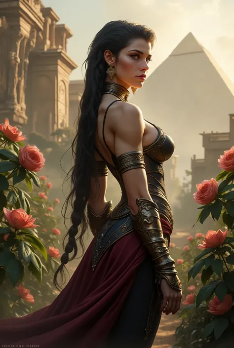 Full body of a fantasy sexy sensual beautiful warrior woman , tall body , slim figure , aristocratic face , long black braided hair , black eyes , red lips , long graceful neck , metal and leather armor , leather boots , gold collars , gold earrings , dens...