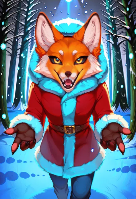  eastnik_anime, detailed background, Night, darkness, snow forest, Christmas trees, Village, Dark Road,  backlight pole, lighting, fluffy персонаж, anthropomorphic fox, orange fur, Alice_The_Vixen, One, looks at the viewer, open mouth, 1 boy,  glove belt, ...