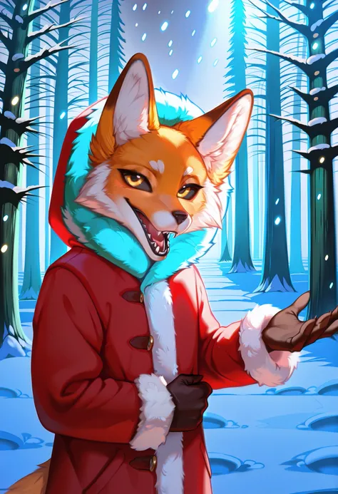  eastnik_anime, detailed background, Night, darkness, snow forest, Christmas trees, Village, Dark Road,  backlight pole, lighting, fluffy персонаж, anthropomorphic fox, orange fur, Alice_The_Vixen, One, looks at the viewer, open mouth, 1 boy,  glove belt, ...