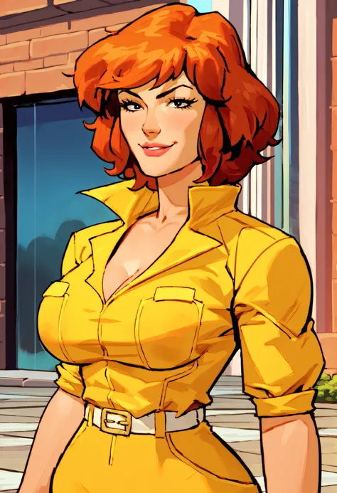 April o'neil ,  yellow jumpsuit, white belt, 1 girl, One, upper body, buildings , ,detailed face, (cowboy shot), (source_comics, source_anime), detailed eyes, masterpiece, seductive,nsfw,lewd,sensual, large breasts, hips, , thighs, adult, woman,1girl, , sm...
