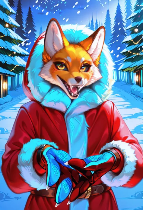eastnik_anime, detailed background, Night, darkness, snow forest, Christmas trees, Village, Dark Road, backlight pole, lighting, fluffy персонаж, anthropomorphic fox, orange fur, Alice_The_Vixen, One, looks at the viewer, open mouth, 1 boy, glove belt, ani...