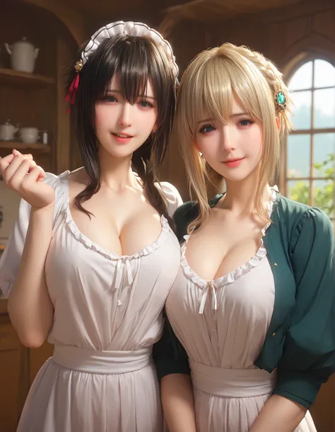 yuki yokoya and violet evergarden, two anime girls with big breasts, two women pose, full body shot, camera angle profesional, excited, with flushed cheeks, wearing cooking apron only, oppai, oppai proportions, two beautiful anime girls (yuki yokoya and vi...