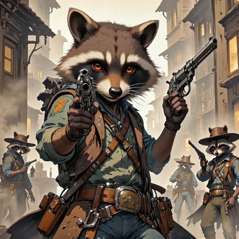 (masterpiece, best quality:1.2), 1animal, solo,(raccoon ,no hat,Western Gunman,vintage,aiming at viewers ), (Grand Theft Auto,Los Santos), Shootout with gangsters