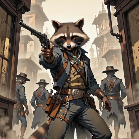 (masterpiece, best quality:1.2), 1animal, solo,(raccoon ,no hat,Western Gunman,vintage,aiming at viewers ), (Grand Theft Auto,Los Santos), Shootout with gangsters