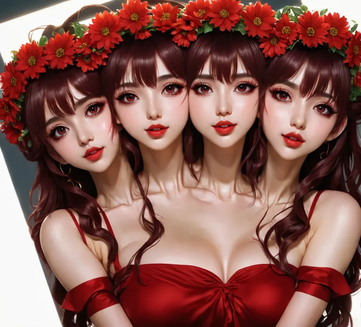 (masterpiece),(best quality:1.0), (ultra highres:1.0), (conjoined), (2heads:1.2), detailed illustration, 8k, anime, 1girl, beautiful anime girl, wearing a red dress, flower crown, pretty face, detailed face, beautiful eyes, detailed eyes, dark red eyes, br...