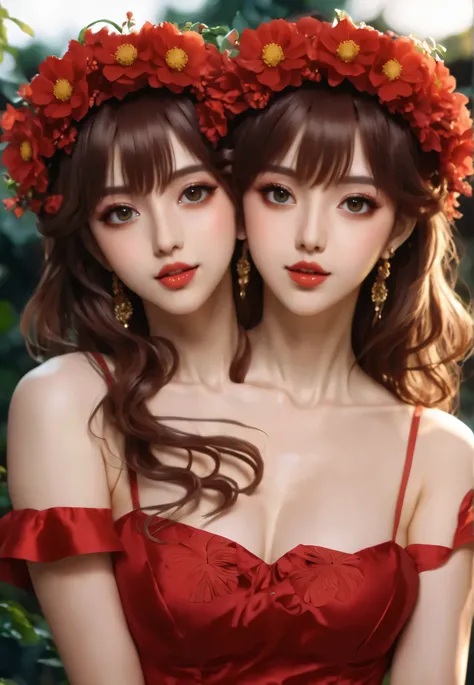 (masterpiece),(best quality:1.0), (ultra highres:1.0), (conjoined), (2heads:1.2), detailed illustration, 8k, anime, 1girl, beautiful anime girl, wearing a red dress, flower crown, pretty face, detailed face, beautiful eyes, detailed eyes, dark red eyes, br...