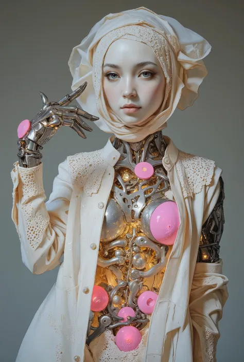 ( The best quality,A high resolution,Ultra - detailed,actual), Japanese girl android cyborg, Robotic Parts, beautiful studio with soft light, vibrant details, Cyberpunk deluxe, (Android body made of white and silver transparent glass and plastic:1.4), , (I...