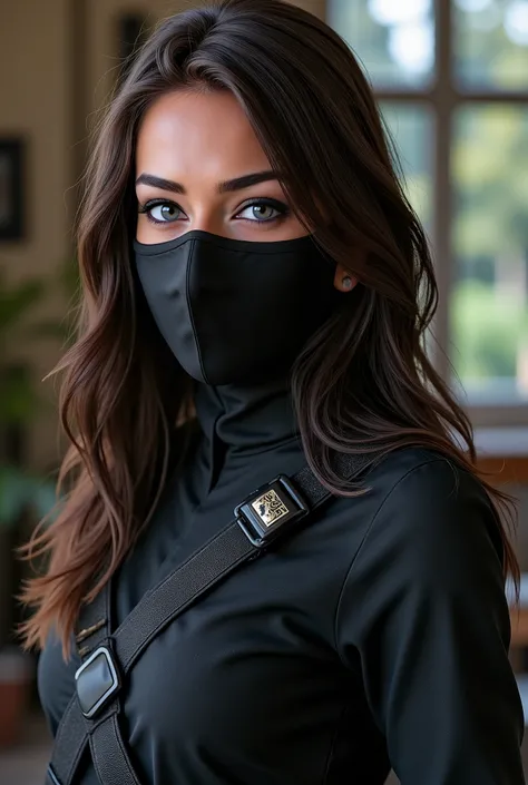 ((, Long dark brown hair, bright blue eyes, wears a black mask,  covering her nose and mouth )), ((wearing ninja clothes)), ((Von Hogwarts )), photorealistic