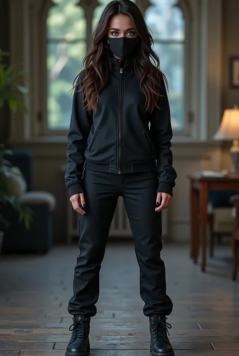((, Long dark brown hair, bright blue eyes, wears a black mask,  covering her nose and mouth )), ((wearing ninja clothes)), ((Von Hogwarts )), photorealistic, full body, whole body, ninja shoes 