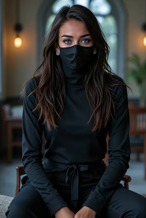 ((, uniform Long dark brown hair, bright blue eyes, wears a black mask,  covering her nose and mouth )), ((wearing ninja clothes)), ((Von Hogwarts )), photorealistic, full body, whole body, ninja shoes 