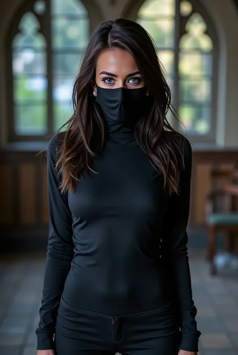 ((, Long dark brown hair, bright blue eyes, wears a black mask,  covering her nose and mouth )), ((wearing ninja clothes)), ((Von Hogwarts )), photorealistic, full body, whole body, ninja shoes 